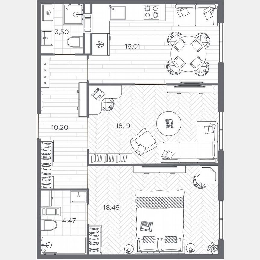 2-к. квартира, 68,9 м², 6/9 эт.