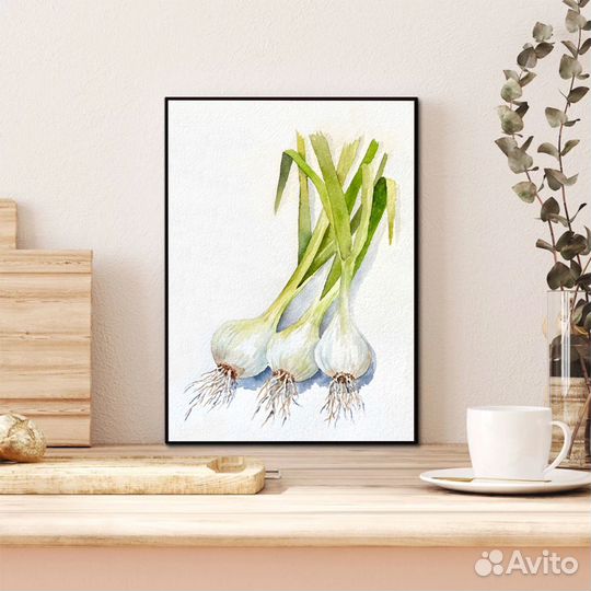 Акварельные картины - овощи, зеленый лук