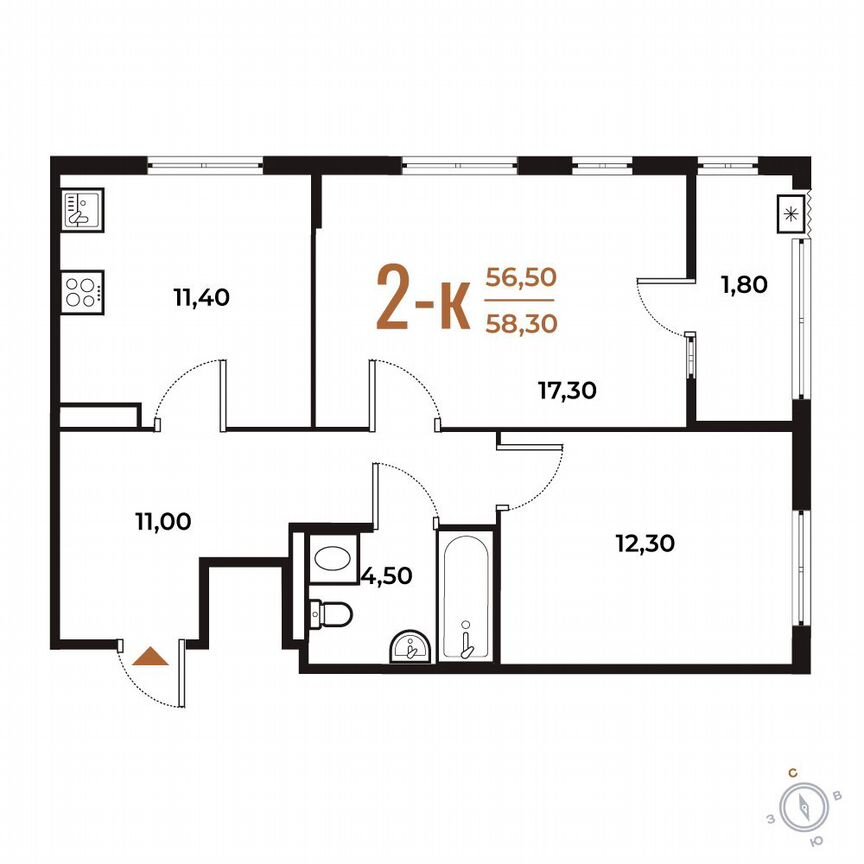 2-к. квартира, 58,3 м², 5/8 эт.