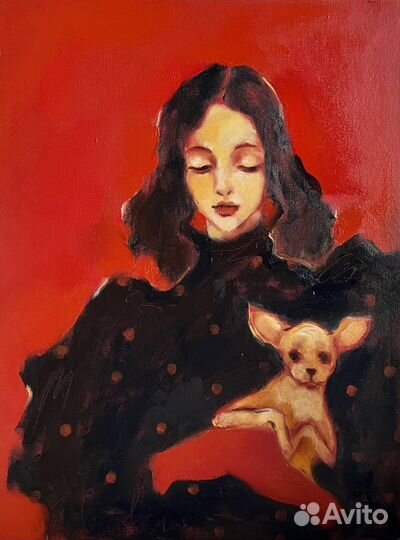 Картина маслом девушка с собакой той терьер