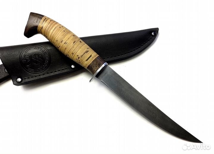 Нож филейный Судак, дамасская сталь, береста