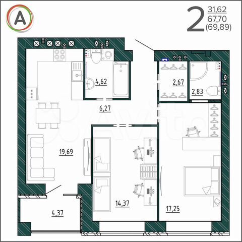 2-к. квартира, 69,9 м², 5/9 эт.