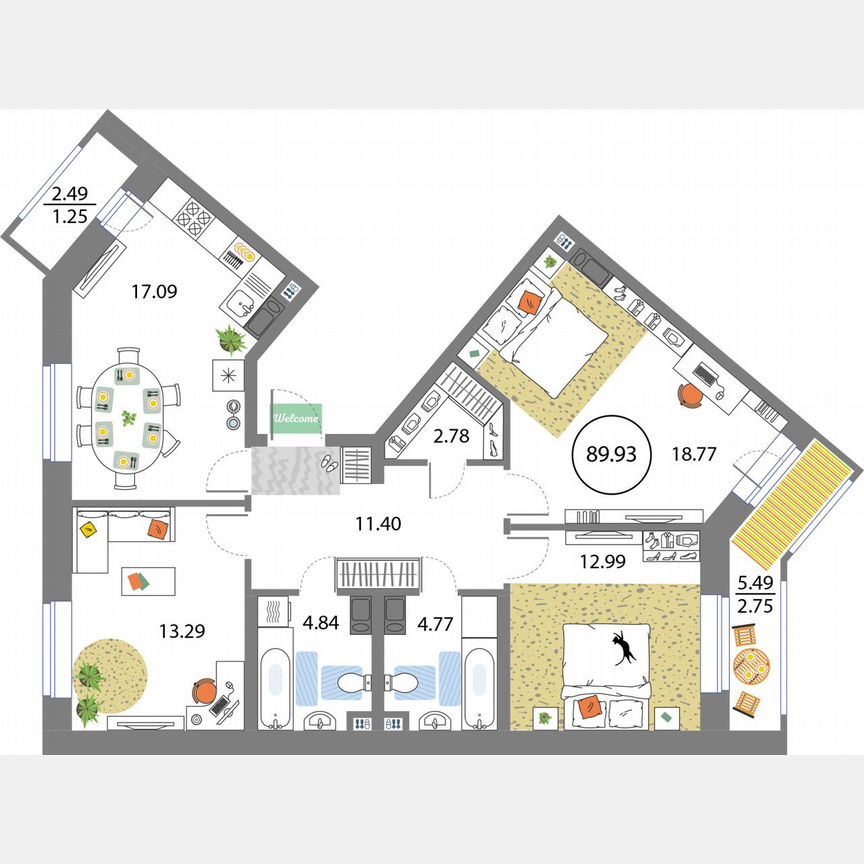 3-к. квартира, 89,9 м², 12/12 эт.