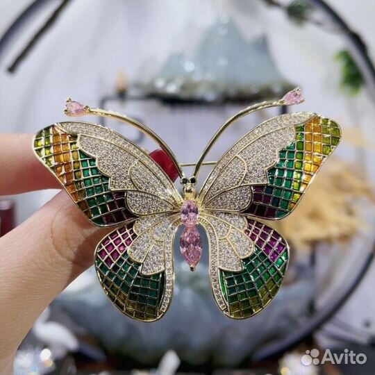 Брошь 2в1 Бабочка желтая кристаллы