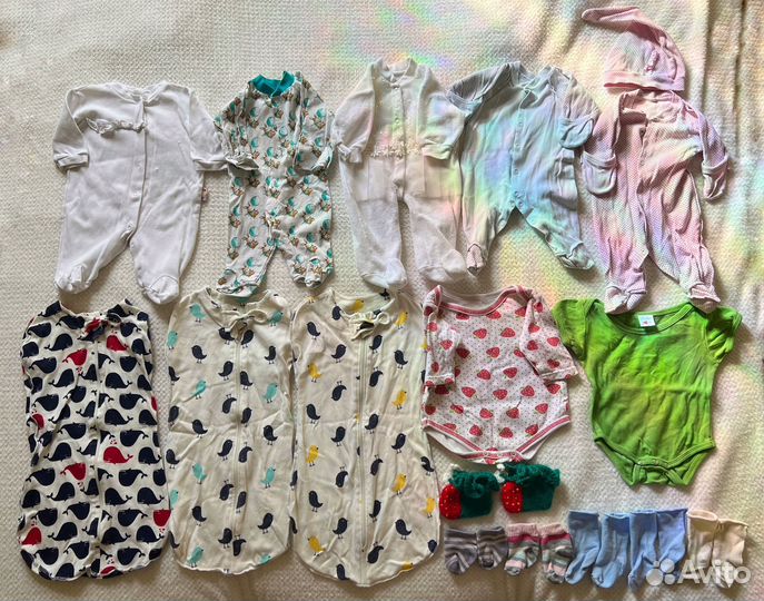 Вещи 0-3 месяца пакетом + постельное белье