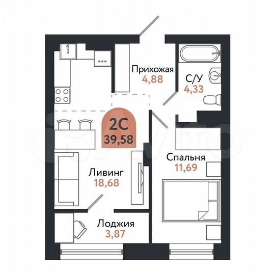 2-к. квартира, 39,6 м², 6/26 эт.