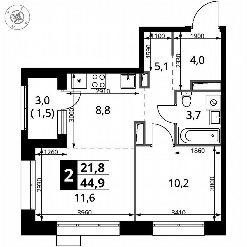 1-к. квартира, 44,9 м², 18/21 эт.
