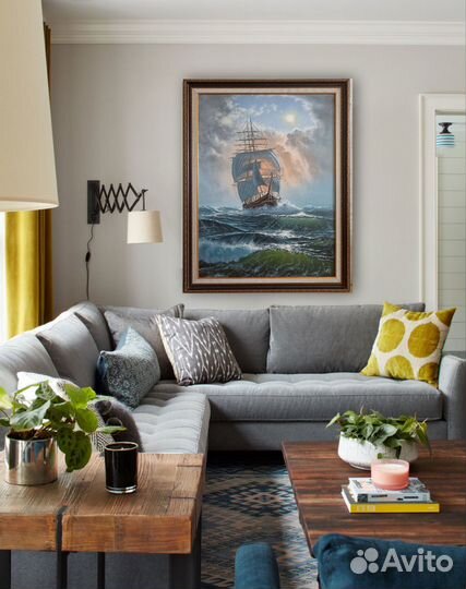 Картина маслом на холсте, море, парусник, 72-92см