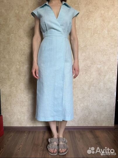 Сарафан платье лен 42 голубой длинный