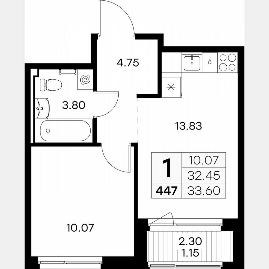 1-к. квартира, 33,6 м², 8/9 эт.