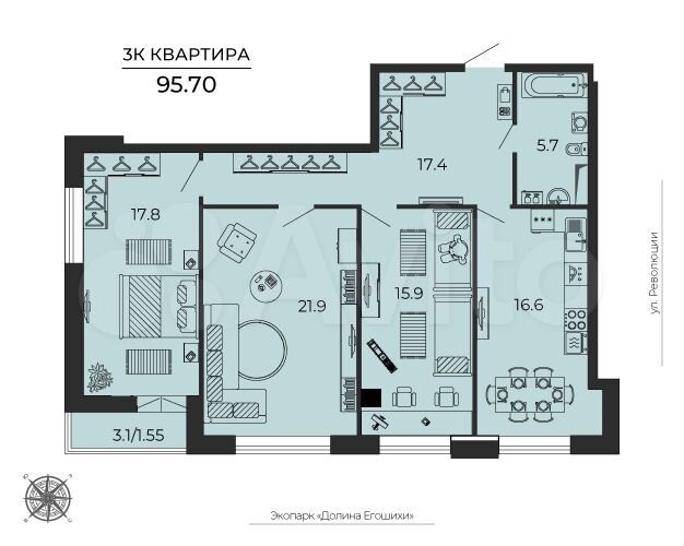 3-к. квартира, 95,7 м², 19/25 эт.