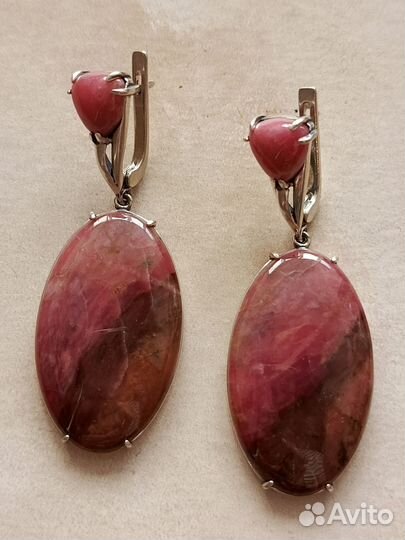 Серебряные серьги СССР с натуральным родонитом