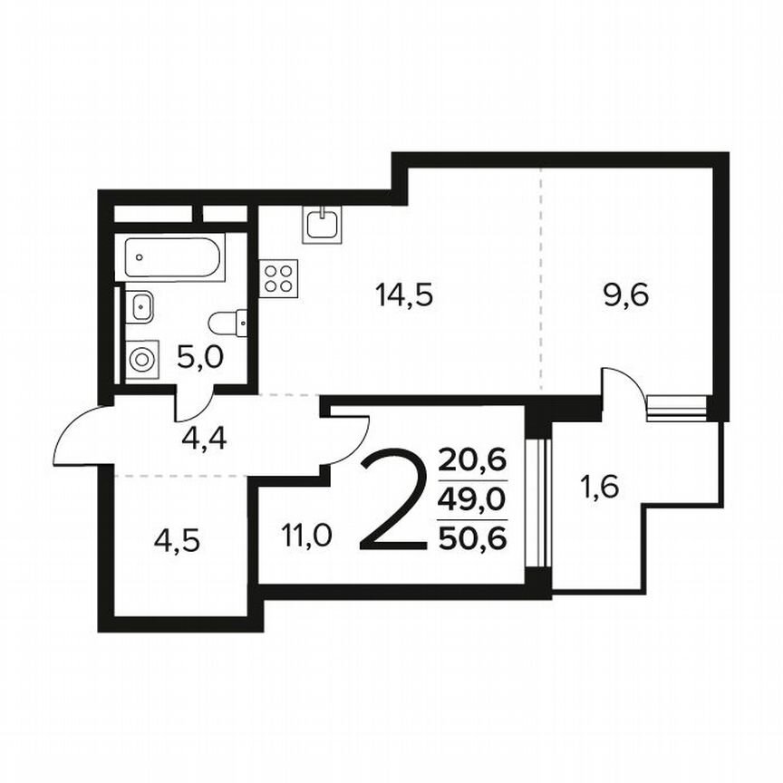 2-к. квартира, 50,6 м², 1/12 эт.