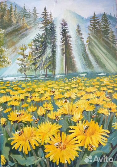 Картина. Лес, утро, пчёлы, цветы