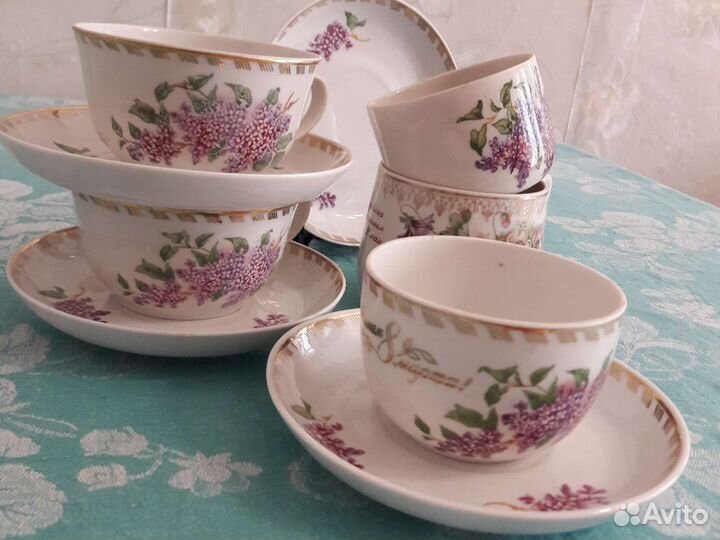 Чайные пары, чашки, блюдца,сирень песочное