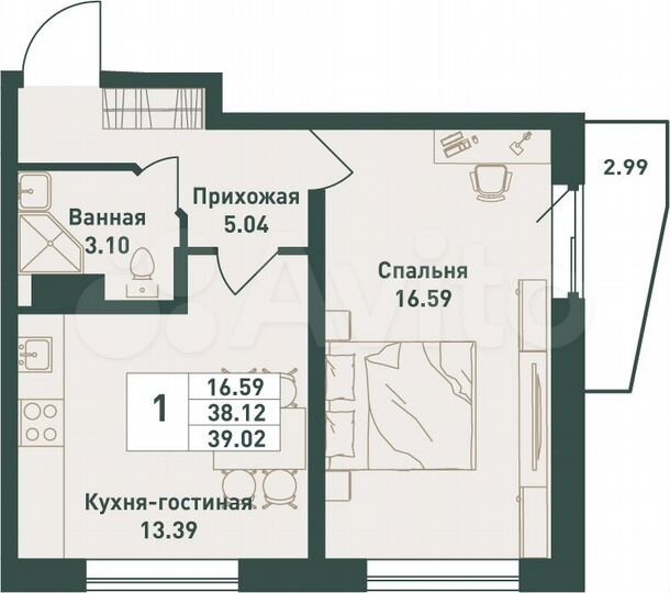 1-к. квартира, 39 м², 2/16 эт.