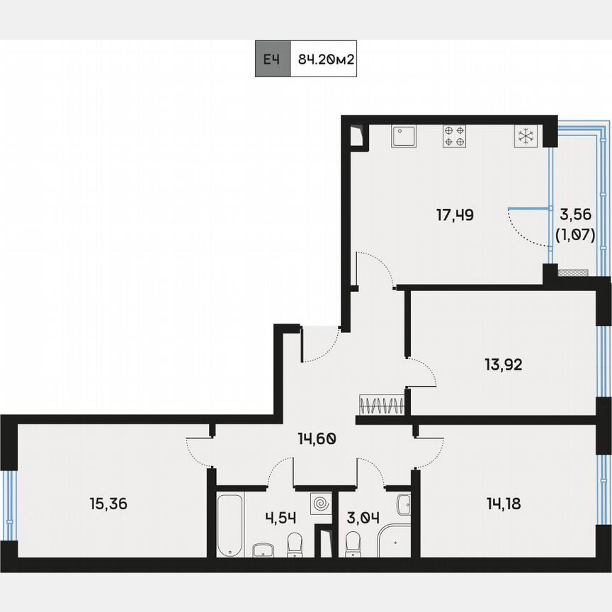 3-к. квартира, 84,7 м², 6/9 эт.