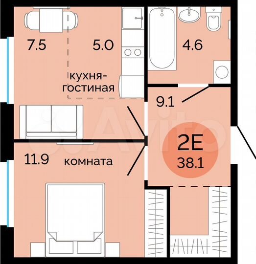 2-к. квартира, 38,1 м², 10/14 эт.