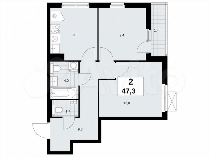 2-к. квартира, 47,3 м², 3/13 эт.