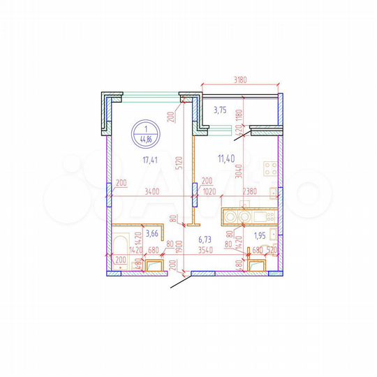 1-к. квартира, 44,9 м², 13/17 эт.