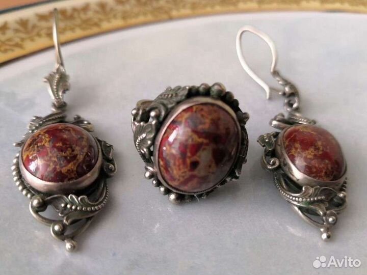 Серьги Кольцо СССР Мельхиор Яшма Уникальная работа