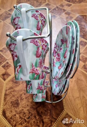 Чайный сервиз на подставке 5 чашечек, 5 тарелочек