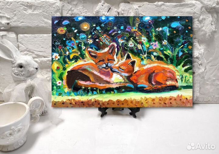 Картина маслом Лисята холст 20 см на 30см