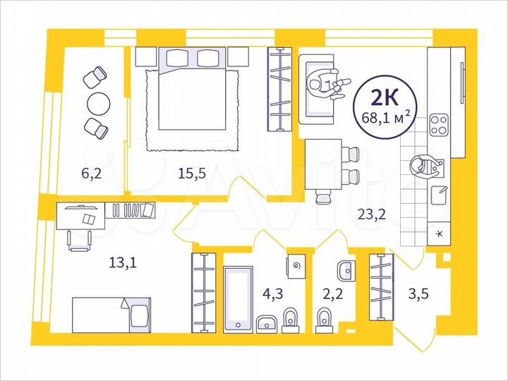 2-к. квартира, 65 м², 2/32 эт.