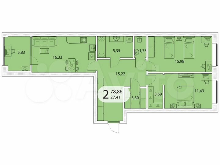 2-к. квартира, 78,9 м², 2/5 эт.