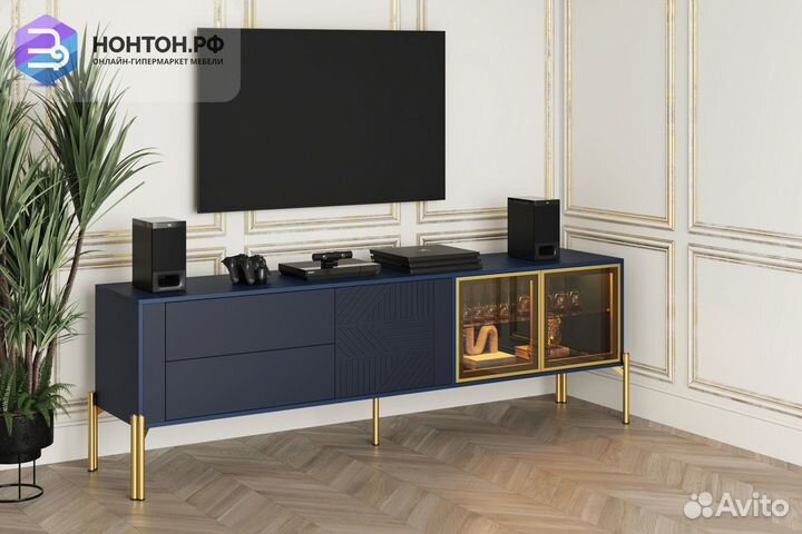 Тв-тумба Омри профиль матовый золотой / морской си