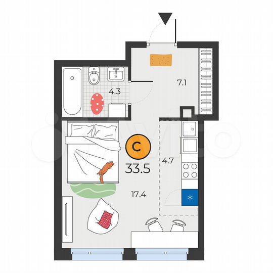 Квартира-студия, 33,5 м², 2/19 эт.