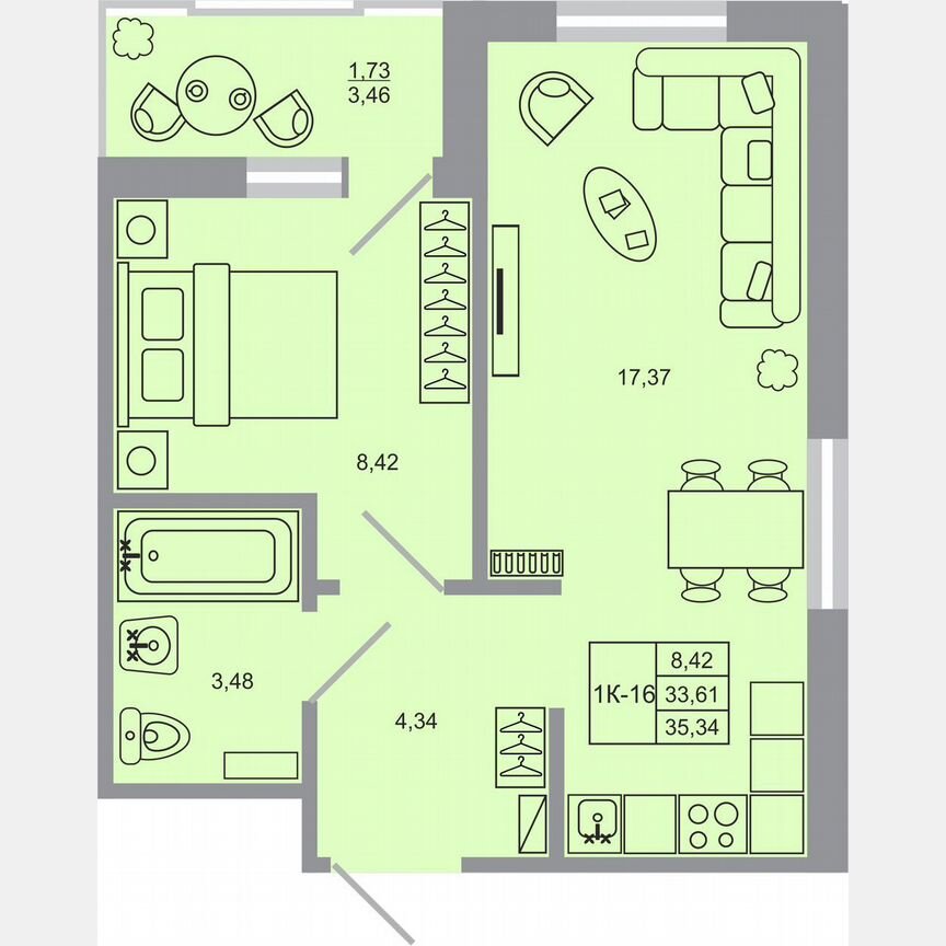1-к. квартира, 35,3 м², 17/17 эт.