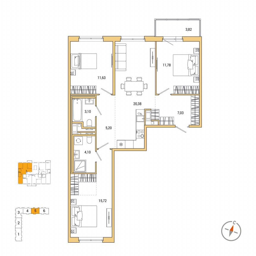 3-к. квартира, 80,1 м², 5/7 эт.
