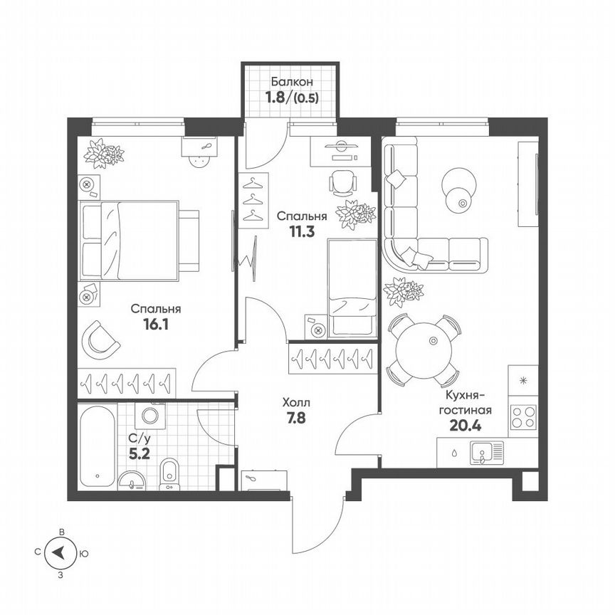 2-к. квартира, 61,3 м², 3/42 эт.