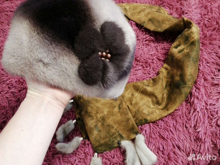 Шапка норковая с шарфом (норковые рюшечки)