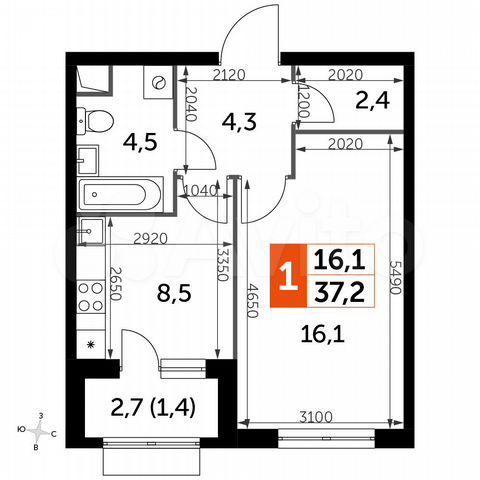 1-к. квартира, 37,2 м², 2/16 эт.