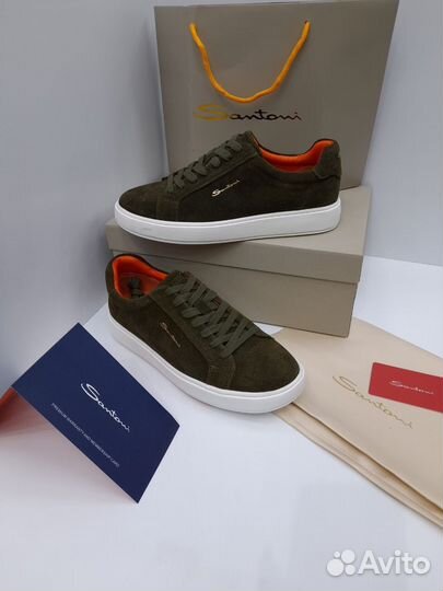 Кеды Santoni мужские хаки зеленые замшевые