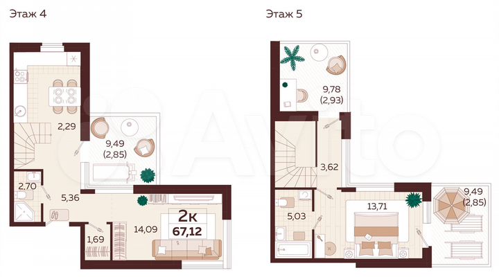 2-к. квартира, 67,1 м², 4/9 эт.