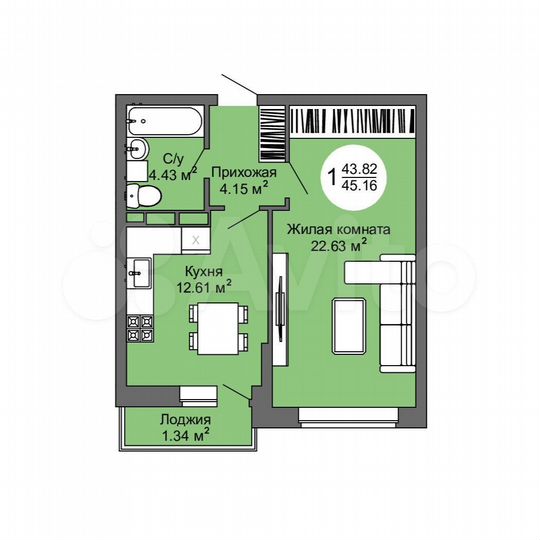 1-к. квартира, 45,2 м², 4/17 эт.