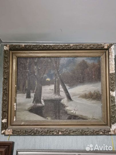 Старинная картина. Зимний пейзаж. Холст. Масло