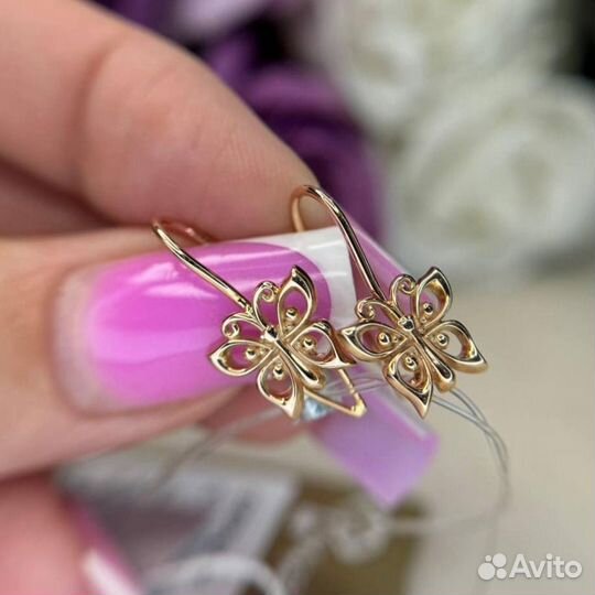 Золотые серьги бабочки 585 золото