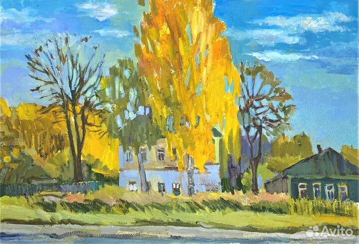 Картина маслом Береза у дома Пейзаж на холсте