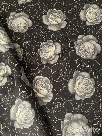 Винтажный черный сатин, принт Розы, СССР, 80е