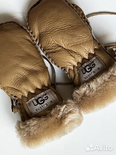 Варежки UGG коричневые кожаные с овечьей шерстью