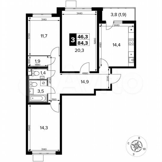 3-к. квартира, 84,3 м², 16/24 эт.