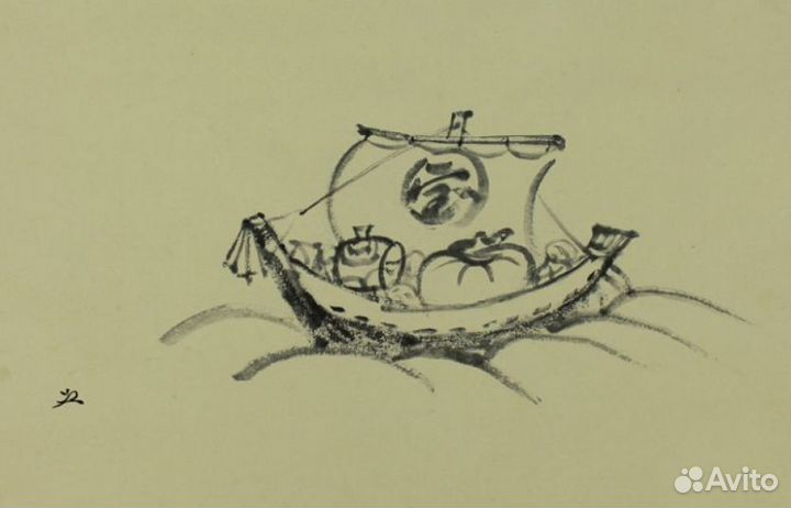 Японский свиток тушью Корабль сокровищ
