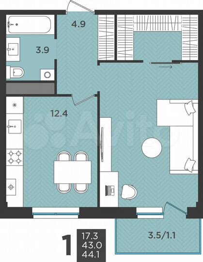 1-к. квартира, 44,1 м², 3/3 эт.