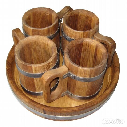 Набор для бани 4 кружки дубовых на подносе