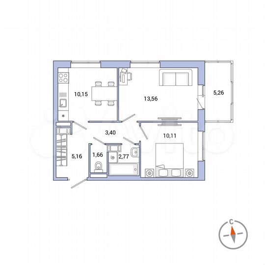 2-к. квартира, 48,4 м², 9/9 эт.