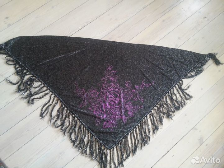 Шарф Косынка Черный Серебро Люрекс Япония Розы